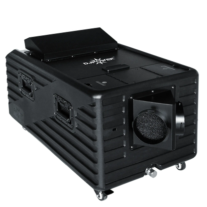 Black portable air filtration unit on wheels with handles on each side, featuring a front vent with a filter and a rectangular exhaust on top. The DJ Power brand name is visible on the top surface. Ideal for use alongside the DJ Power AQUA LOW FOG MACHINE or other advanced misting equipment to maintain optimal air quality in environments where fog machines are operated.
