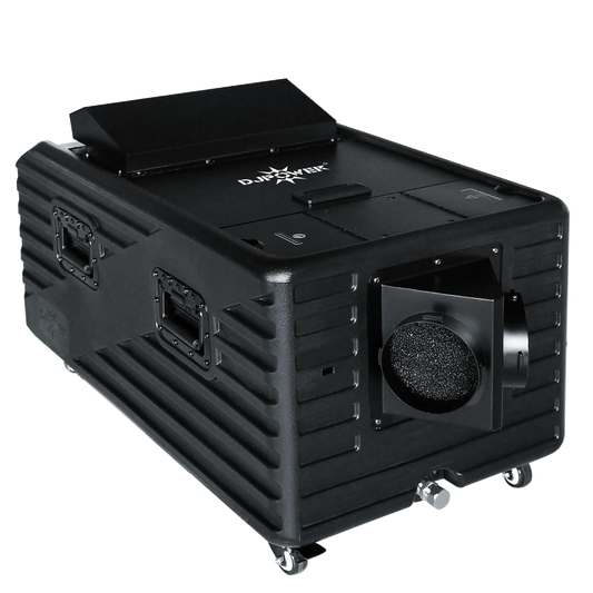 Black portable air filtration unit on wheels with handles on each side, featuring a front vent with a filter and a rectangular exhaust on top. The DJ Power brand name is visible on the top surface. Ideal for use alongside the DJ Power AQUA LOW FOG MACHINE or other advanced misting equipment to maintain optimal air quality in environments where fog machines are operated.