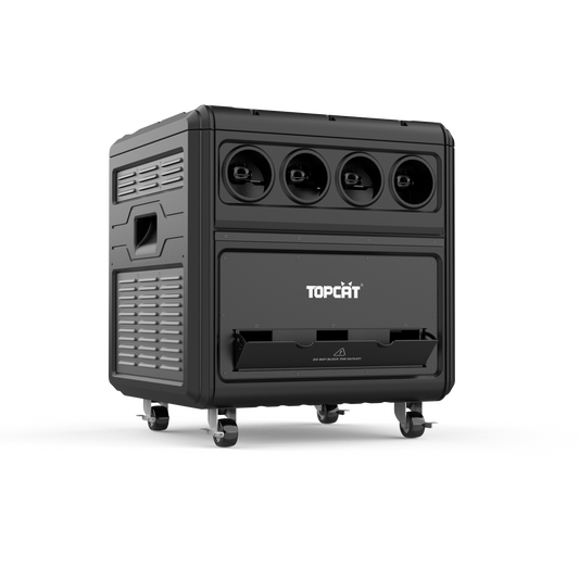 A black, rectangular DJ Power Waterproof Bubble Fog Machine (IP54) on wheels featuring four output nozzles across the top and a central panel labeled TOPCAT.