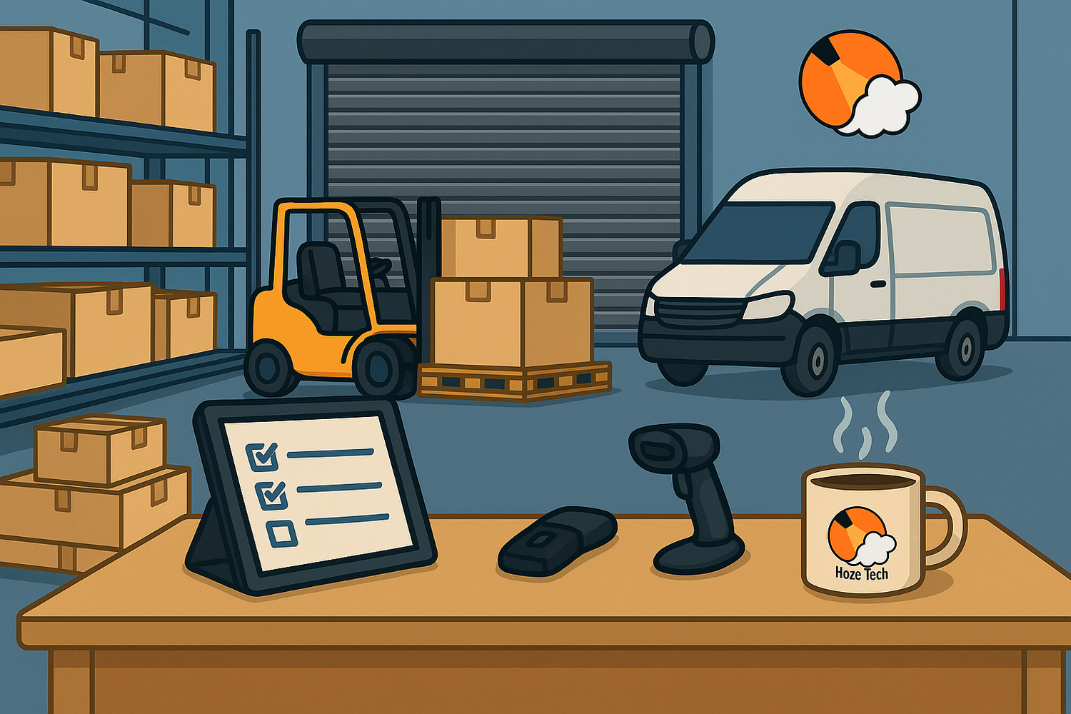 Illustration of a warehouse with a checklist, van and Haze Tech logo mug
