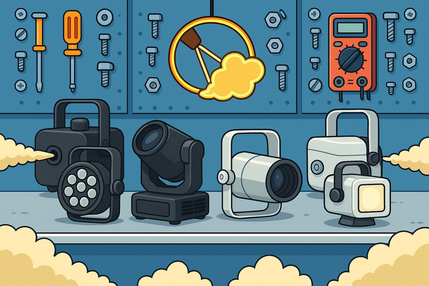 Illustration of stage lighting equipment with a workshop background