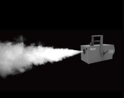The Antari IP-3000 IP-Rated Fog Machine by Antari emits dense white fog against a dark background. It has a rectangular, gray design with a sturdy top handle for easy transport.