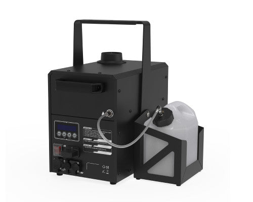 The Antari J-100 JET FOG MACHINE by Antari is a black stage fog machine equipped with a control panel, handle, and tubing that connects to a clear liquid container held beside the unit, designed for producing dramatic directional fog bursts.