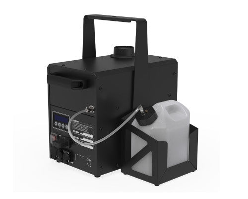 An Antari J-100 Jet Fog Machine by Antari is displayed against a plain white background. The black fog machine features a top handle, control panel, and an attached clear fluid container secured in a holder. A tube connects the container to the machine, enabling precise directional bursts of fog.