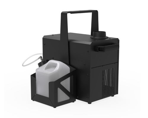 An Antari J-100 Jet Fog Machine in black, featuring a convenient handle, sits beside a white liquid container held securely in its holder and connected by a tube, all set against a plain white background—perfect for producing powerful directional fog bursts during stage performances.