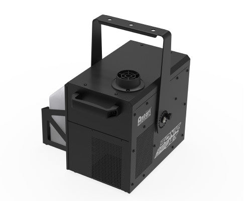 The Antari J-100 Jet Fog Machine by Antari is a black, compact unit featuring a top handle, side vents, and a round output on top. It delivers powerful directional fog bursts, making it ideal for dynamic stage fog performances. The machine is showcased against a white background.