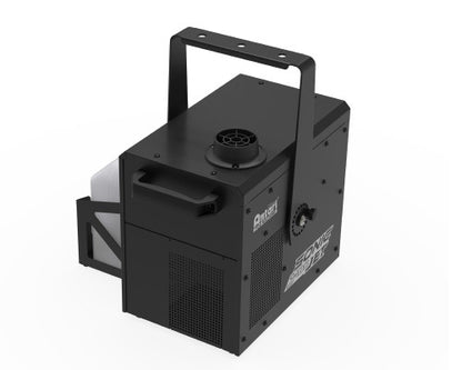 The Antari J-100 Jet Fog Machine by Antari is a black, compact unit featuring a top handle, side vents, and a round output on top. It delivers powerful directional fog bursts, making it ideal for dynamic stage fog performances. The machine is showcased against a white background.