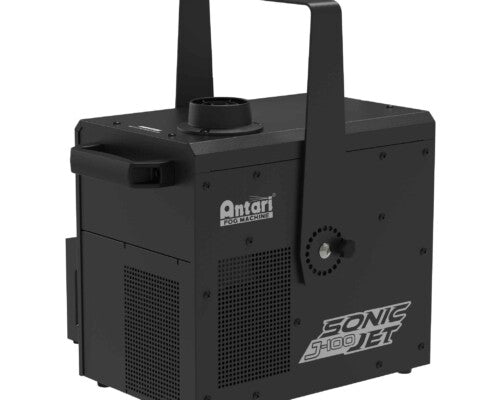 A black Antari J-100 Jet Fog Machine, featuring vents, a top handle, and the Antari logo printed on the side, delivers powerful directional fog bursts—making it an ideal stage fog machine for dramatic effects.