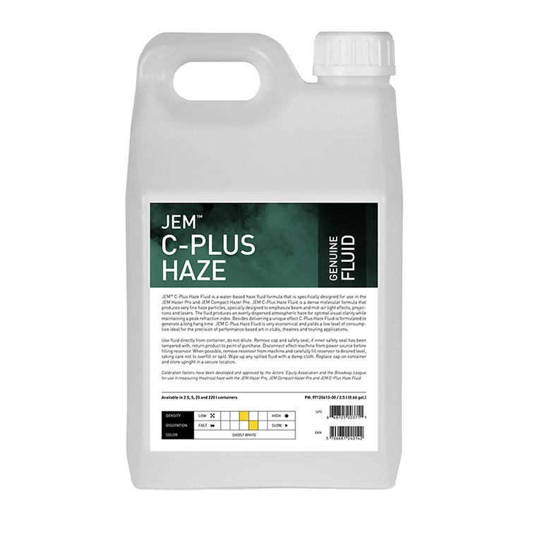 A white plastic container with a handle, labeled JEM C+ Fluid by JEM for Martin / JEM Compact Hazer/Hazer Pro. The green and white label highlights this water-based haze fluid, including product info and a usage chart for creating atmospheric haze.