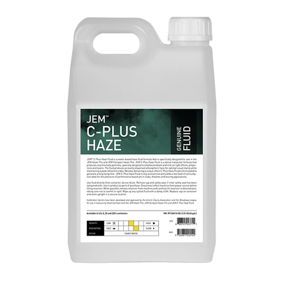 A white plastic container with a handle, labeled JEM C+ Fluid by JEM for Martin / JEM Compact Hazer/Hazer Pro. The green and white label highlights this water-based haze fluid, including product info and a usage chart for creating atmospheric haze.