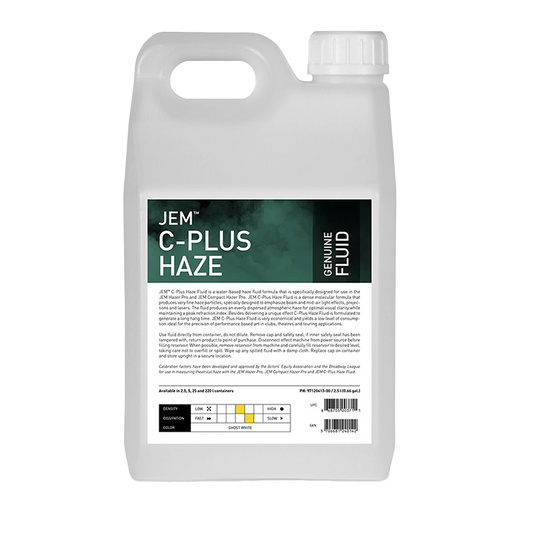 A white plastic container with handle and a green label reading "JEM Martin C-Plus Fluid" for Compact Hazer and Hazer Pro. The label includes product details, a chart, and barcode for this water-based haze fluid.