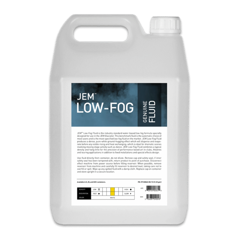 A clear plastic gallon jug labeled “JEM Martin Low-Fog Fluid (Glaciator) (B2 Fluid)” features a black, white, and blue design and front label detailing its water-based, low-fog properties and usage instructions.