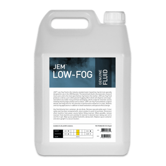 A clear plastic gallon jug labeled “JEM Martin Low-Fog Fluid (Glaciator) (B2 Fluid)” features a black, white, and blue design and front label detailing its water-based, low-fog properties and usage instructions.