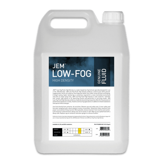 A white 5L plastic container with handle and screw cap, labeled "JEM Martin Low-Fog Fluid, High Density (Glaciator) (C3 Fluid)", for fog machines. The label features fluid details and a barcode.