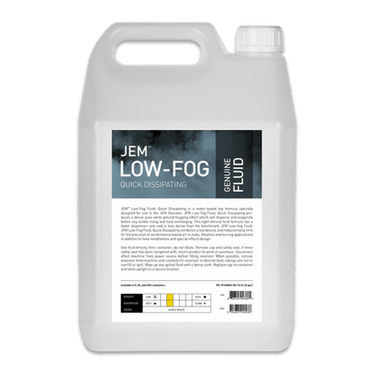 A large white plastic container labeled JEM Glaciator Low Fog Fluid, Quick Dissipating (A1 Fluid) by JEM; a water-based solution for glaciator effect machines that produces high-density, fast-dissipating fog.