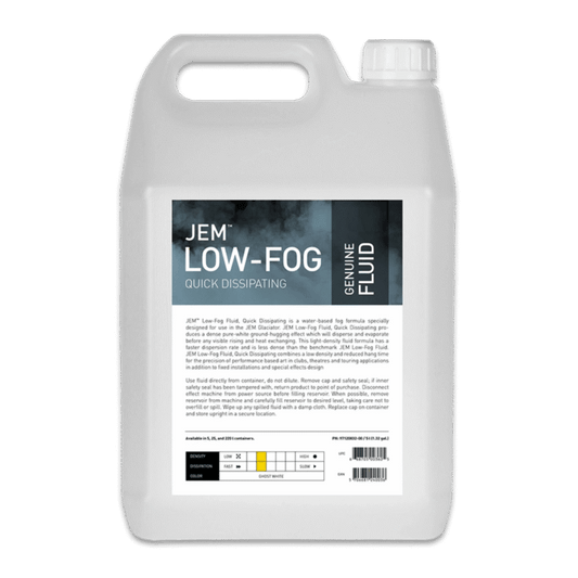 The JEM Martin Low-Fog Quick Dissipating (Glaciator) A1 Fluid comes in a plastic jug with a handle and screw cap, featuring a white label with detailed instructions for use with Glaciator fog machines.