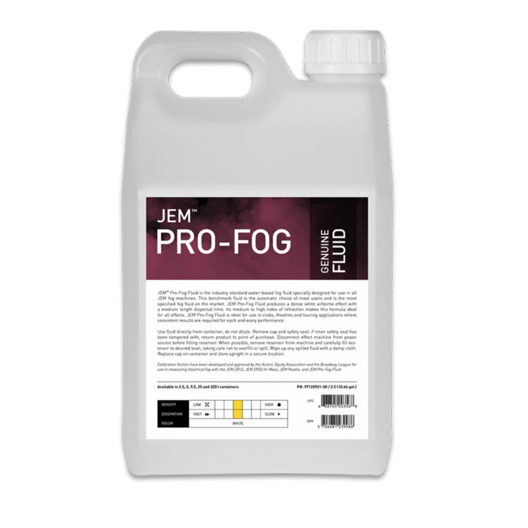 A white plastic jug with a handle and cap labeled "JEM Pro-Fog Fluid (ZR Fluid) Smoke" by JEM. The front label displays product details and a chart, indicating it’s a water-based fog machine fluid for professional use.