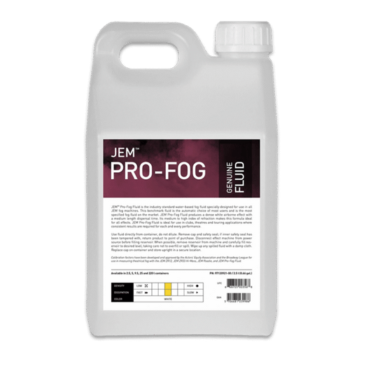 A white plastic container with handle and white cap labeled "JEM Martin Pro-Fog Fluid (ZR Fluid) Smoke" features product info, a chart, and usage instructions in black text.