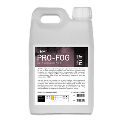 A white plastic container labeled JEM Pro-Fog Fluid, Extra Quick Dissipating (Smoke) by JEM, with product details and a chart on the front. Designed for steam simulation, it features a handle and screw cap. Replaces Pro Steam Simulation fluid.