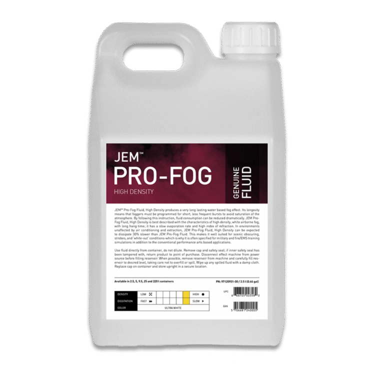 A white plastic container labeled JEM Pro-Fog Fluid, High Density (Smoke), for ZR machines, features a black and purple label with product details, a measurement guide at the bottom, and is designed for long-lasting fog effects.