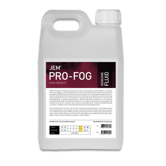 The JEM Martin Pro-Fog Fluid High Density for ZR machines comes in a clear plastic container with a black-and-white label featuring text and a measurement chart—ideal for creating professional fog effects in smoke machines.