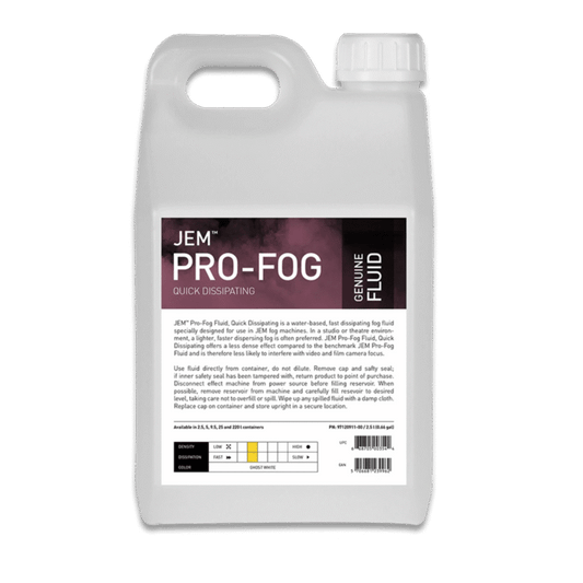 A white plastic bottle of JEM Martin’s Pro-Fog Fluid, Quick Dissipating (replaces DX Fluid), features a purple and black label with product details, a fog graphic, and a white cap at the top right. Water-based formula included.