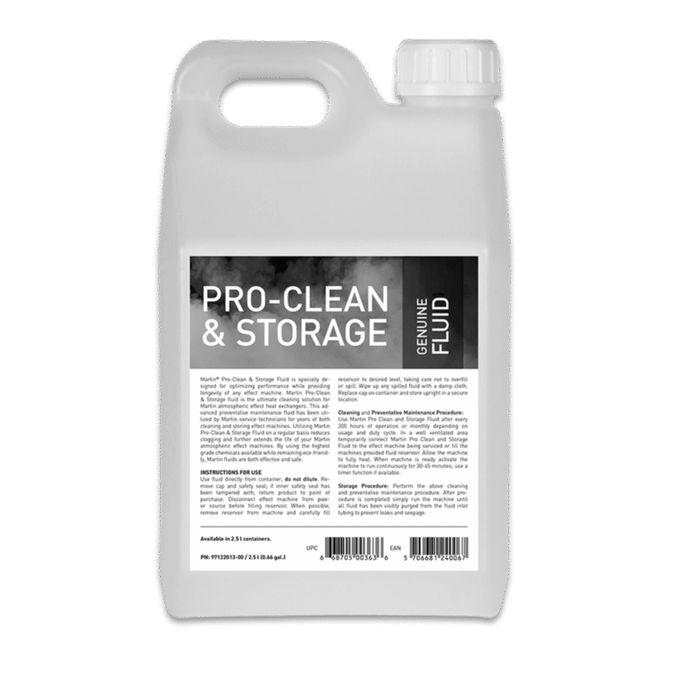 A white plastic bottle labeled JEM Martin Pro-Clean and Storage Fluid with a handle and screw cap, featuring black instructions on a white label. Ideal for atmospheric effect machine maintenance. Brand: JEM Martin.