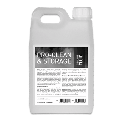 A white plastic bottle labeled JEM Martin Pro-Clean and Storage Fluid with a handle and screw cap, featuring black instructions on a white label. Ideal for atmospheric effect machine maintenance. Brand: JEM Martin.