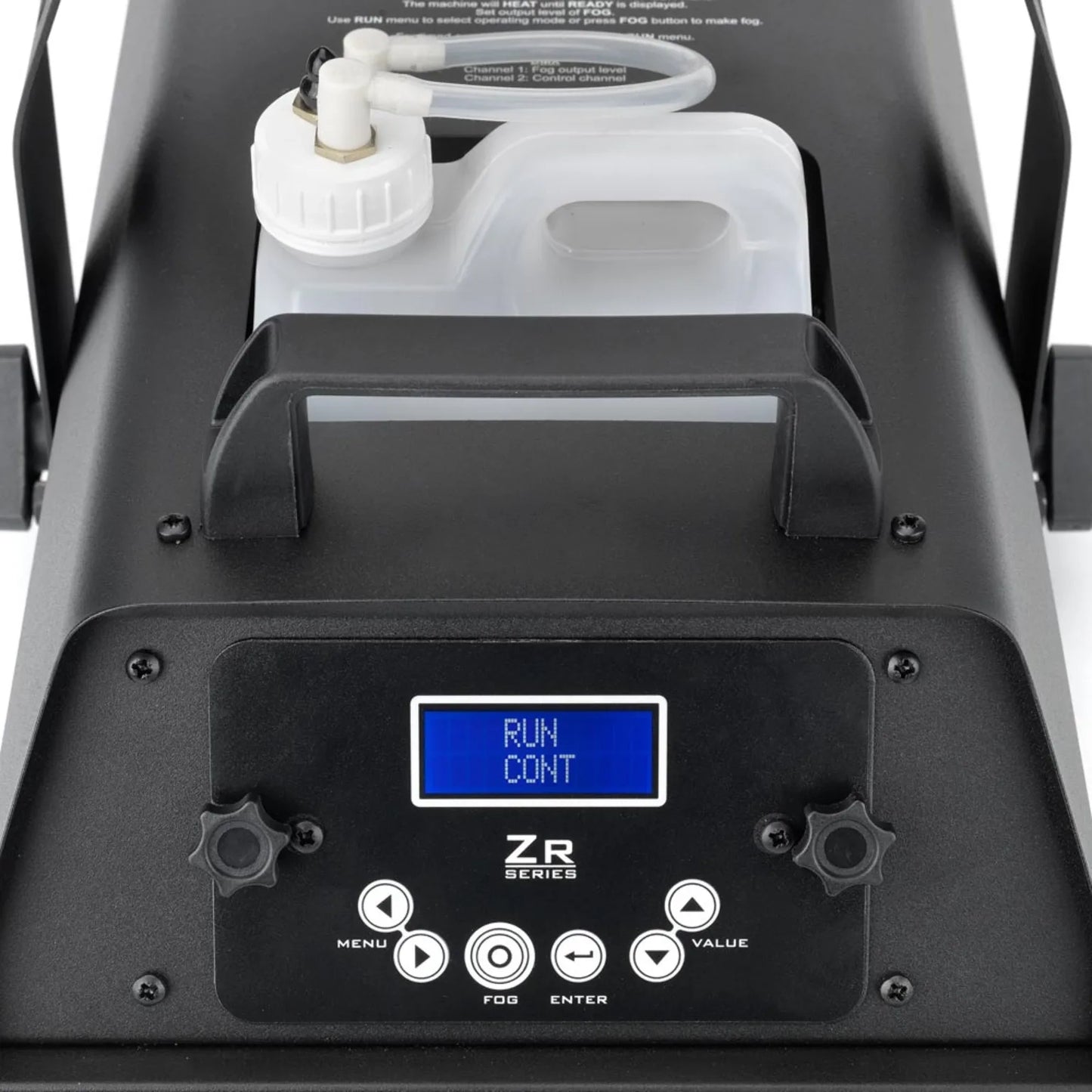 Close-up of a JEM ZR25 230V/50-60Hz fog machine (92215320) featuring a digital display showing RUN CONT, control buttons, and a plastic liquid container with an attached tube. The device is labeled as part of the ZR Series.