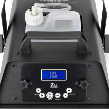 Close-up of a JEM ZR25 230V/50-60Hz fog machine (92215320) featuring a digital display showing RUN CONT, control buttons, and a plastic liquid container with an attached tube. The device is labeled as part of the ZR Series.