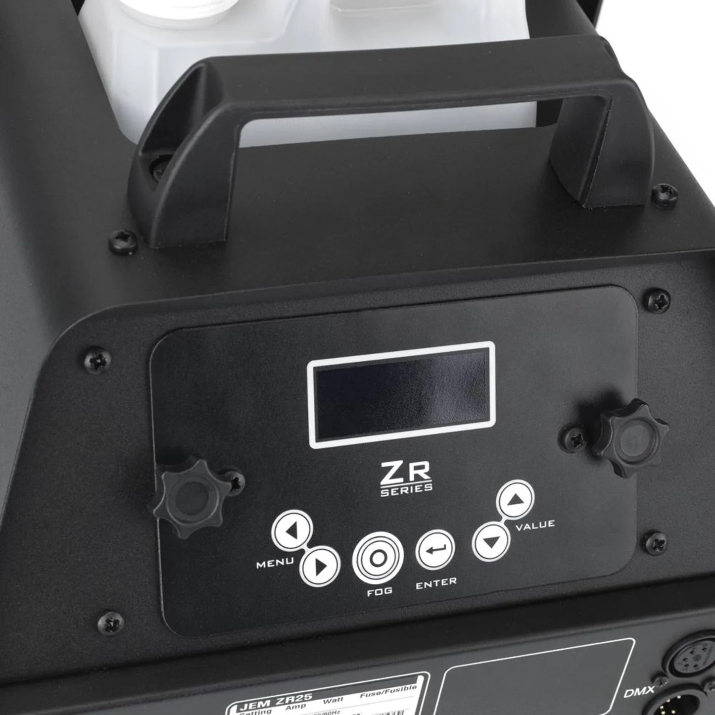 Close-up of a JEM ZR25 230V/50-60Hz fog machine by JEM, showing its handle, digital screen, control knobs, Menu/Fog/Enter/Value buttons labeled "ZR Series," with a plastic bottle behind the handle.
