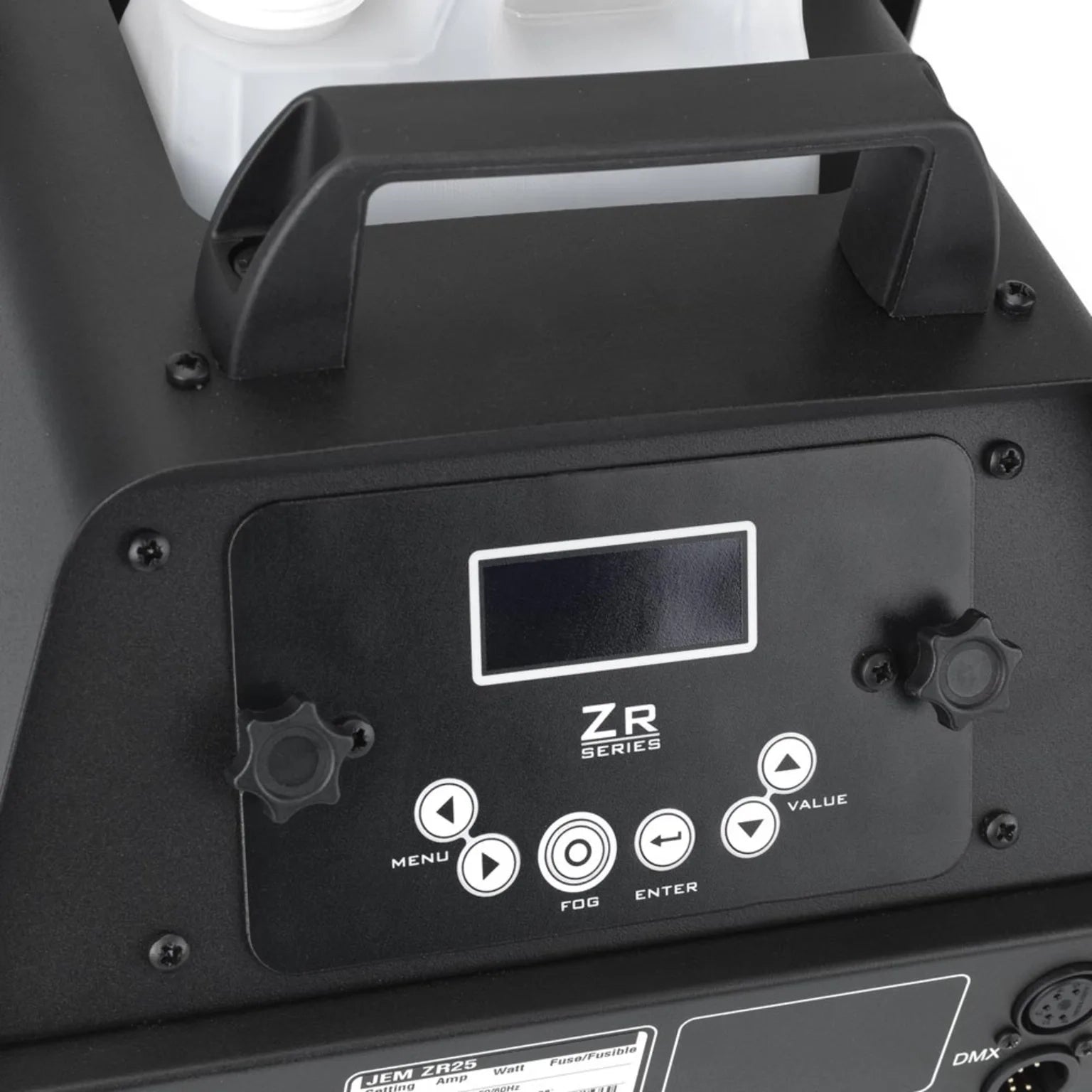 Close-up of a JEM ZR25 230V/50-60Hz fog machine by JEM, showing its handle, digital screen, control knobs, Menu/Fog/Enter/Value buttons labeled "ZR Series," with a plastic bottle behind the handle.