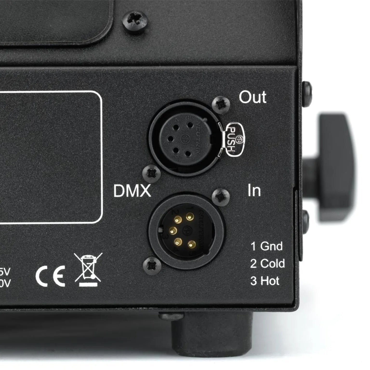Close-up of two DMX connectors labeled IN and OUT on a black JEM / Martin ZR25 230V/50-60Hz fog machine (92215320), showing metal pins, labels for 1 Gnd, 2 Cold, 3 Hot, plus CE and recycling symbols.