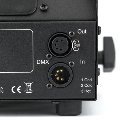 Close-up of two DMX connectors labeled IN and OUT on a black JEM / Martin ZR25 230V/50-60Hz fog machine (92215320), showing metal pins, labels for 1 Gnd, 2 Cold, 3 Hot, plus CE and recycling symbols.