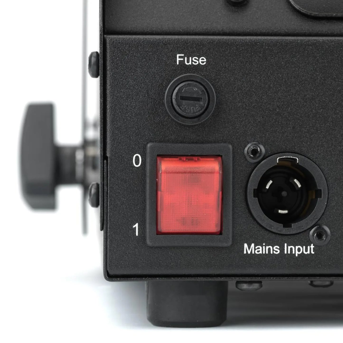 Close-up of the JEM ZR25 230V/50-60Hz fog machine’s power section, featuring a fuse, red on/off switch labeled 0/1, and circular mains input. Part of the handle is visible on the left side. Brand: JEM (92215320).
