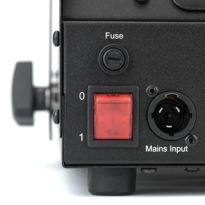 Close-up of the JEM ZR25 230V/50-60Hz fog machine’s power section, featuring a fuse, red on/off switch labeled 0/1, and circular mains input. Part of the handle is visible on the left side. Brand: JEM (92215320).