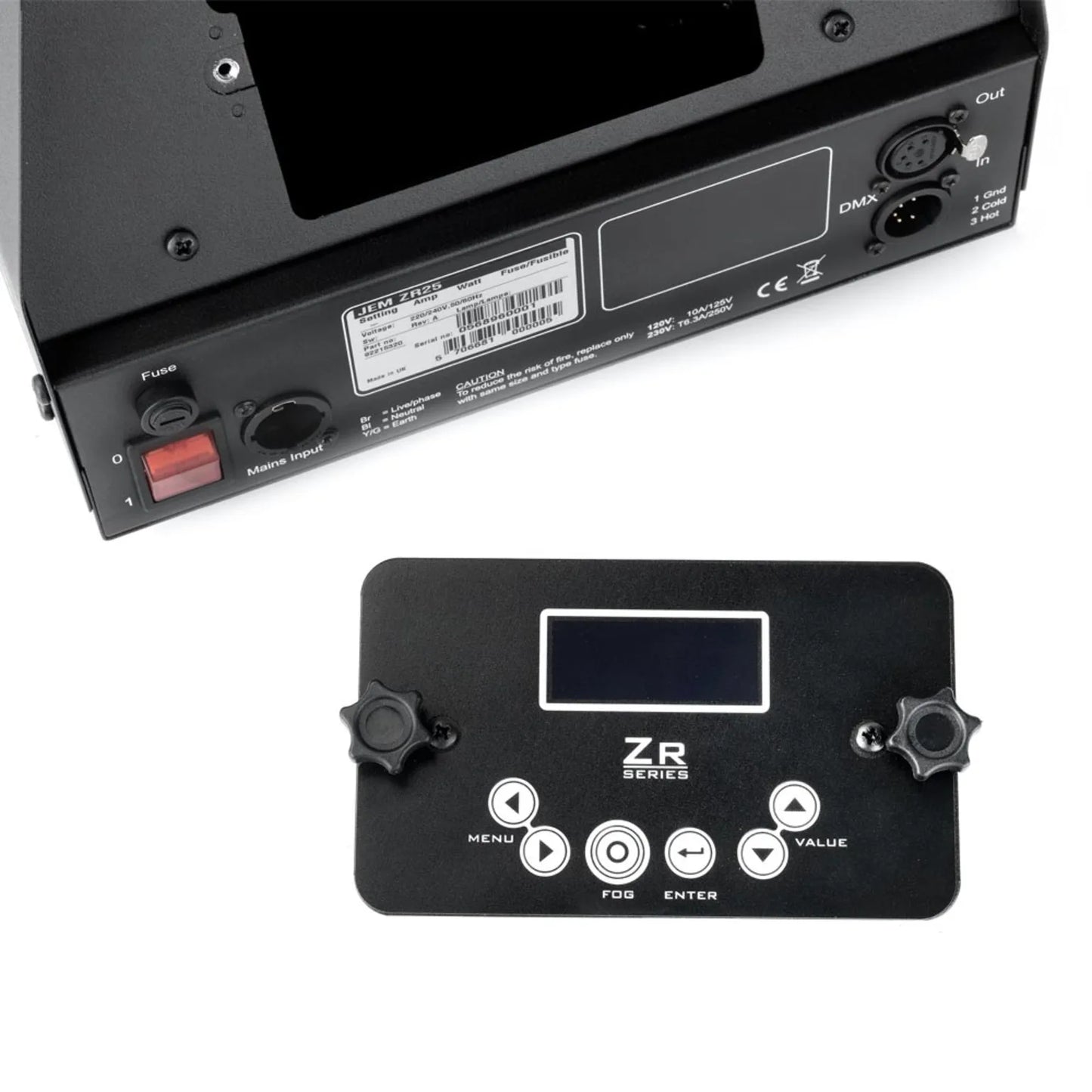 Close-up of the back panel and controls of the JEM ZR25 230V/50-60Hz (92215320) professional fog machine by JEM, featuring labeled ports, display, knobs, buttons, and function indicators.