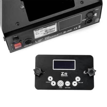 Close-up of the back panel and controls of the JEM ZR25 230V/50-60Hz (92215320) professional fog machine by JEM, featuring labeled ports, display, knobs, buttons, and function indicators.
