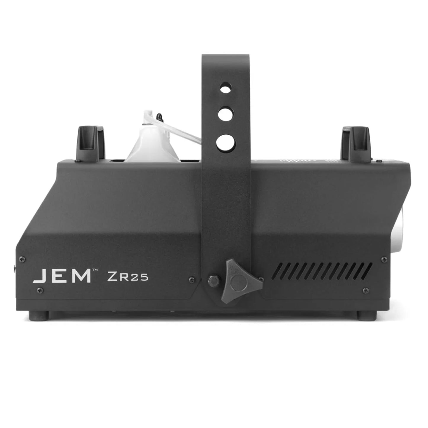 Side view of the JEM ZR25 230V/50-60Hz (Fog) (92215320) fog machine by JEM, featuring a carrying handle, visible ventilation slots, and control knob, set against a white background.