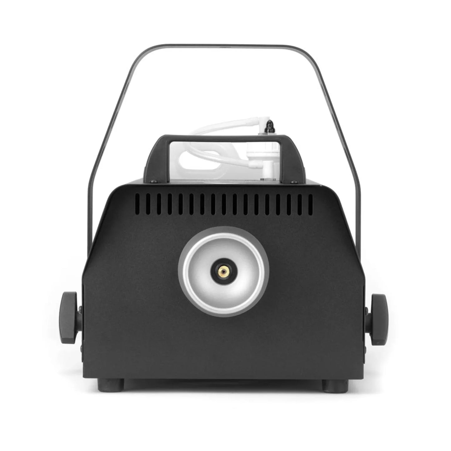 Front view of the JEM ZR25 230V/50-60Hz fog machine by JEM, showing a central circular nozzle, side adjustment knobs, top handle, and rear fluid container. Model: 92215320.