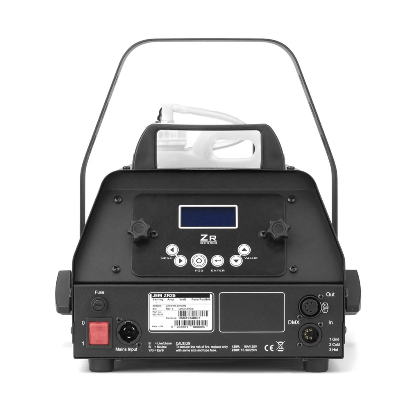 The back of the Martin / JEM ZR25 230V/50-60Hz (Fog) (92215320) professional fog machine by JEM features control knobs, a digital display, connectors, a fuse, a fluid container, and a carrying handle.