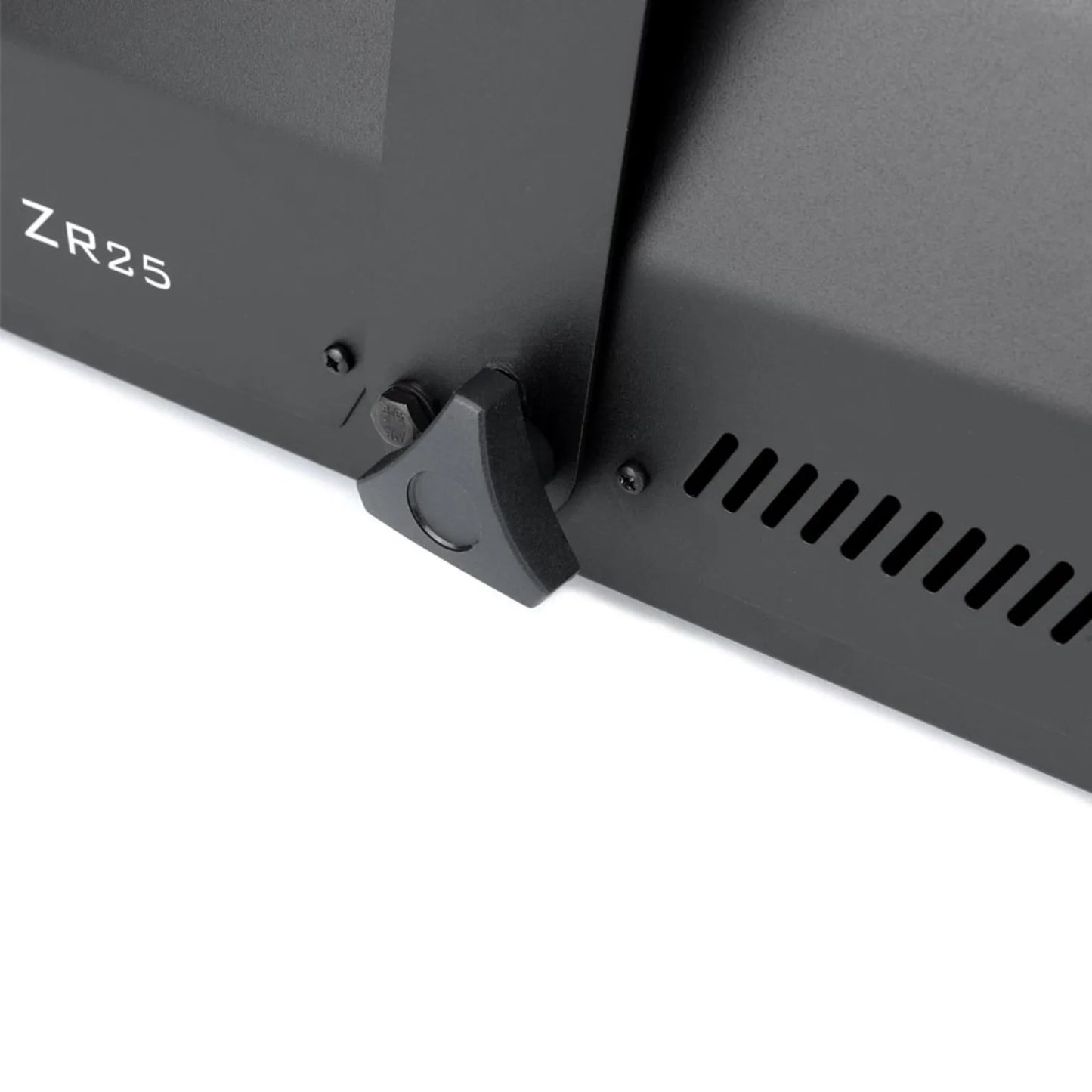 Close-up of a black JEM ZR25 230V/50-60Hz (Fog) (92215320) professional fog machine by JEM, showing a vent, screw, and adjustable knob on its side.