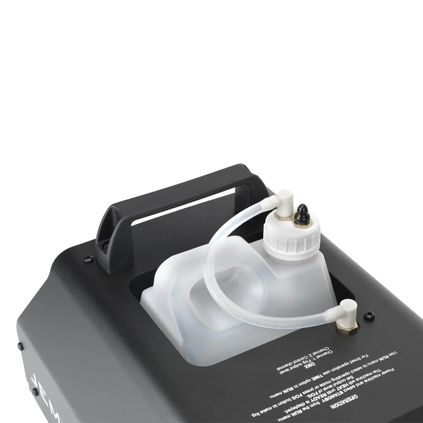 A close-up of a JEM ZR25 230V/50-60Hz fog machine by JEM, featuring a handle, clear plastic liquid container inside, and two white plastic tubes with fittings on top.