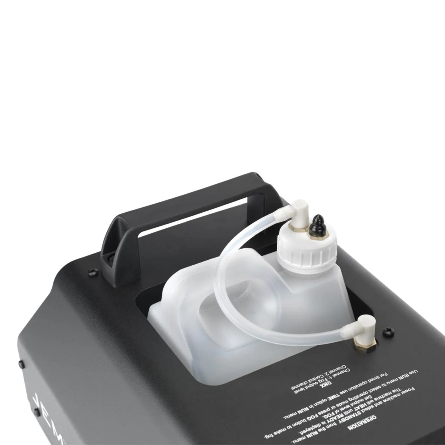 A close-up of a JEM ZR25 230V/50-60Hz fog machine by JEM, featuring a handle, clear plastic liquid container inside, and two white plastic tubes with fittings on top.