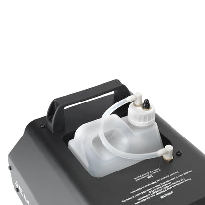 A close-up of a JEM ZR25 230V/50-60Hz fog machine by JEM, featuring a handle, clear plastic liquid container inside, and two white plastic tubes with fittings on top.