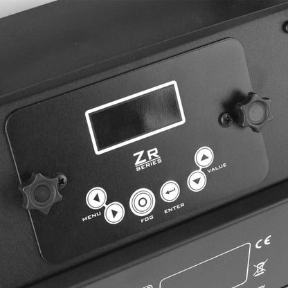 Close-up of a JEM Martin ZR35 230V/50-60Hz fog machine control panel featuring a rectangular screen, two knobs, and buttons labeled Menu, Fog, Enter, and Value.