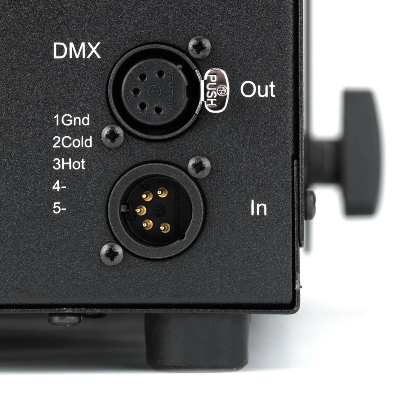 Close-up of a black DMX panel on the JEM Martin ZR35 230V/50-60Hz fog machine, featuring two 5-pin XLR connectors labeled Out and In. Pin functions beside the top port read: 1Gnd, 2Cold, 3Hot, 4-, 5-.