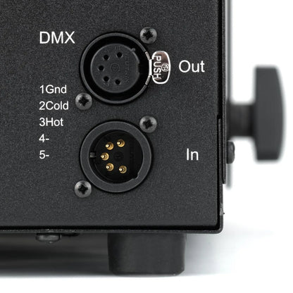Close-up of a black DMX panel on the JEM Martin ZR35 230V/50-60Hz fog machine, featuring two 5-pin XLR connectors labeled Out and In. Pin functions beside the top port read: 1Gnd, 2Cold, 3Hot, 4-, 5-.
