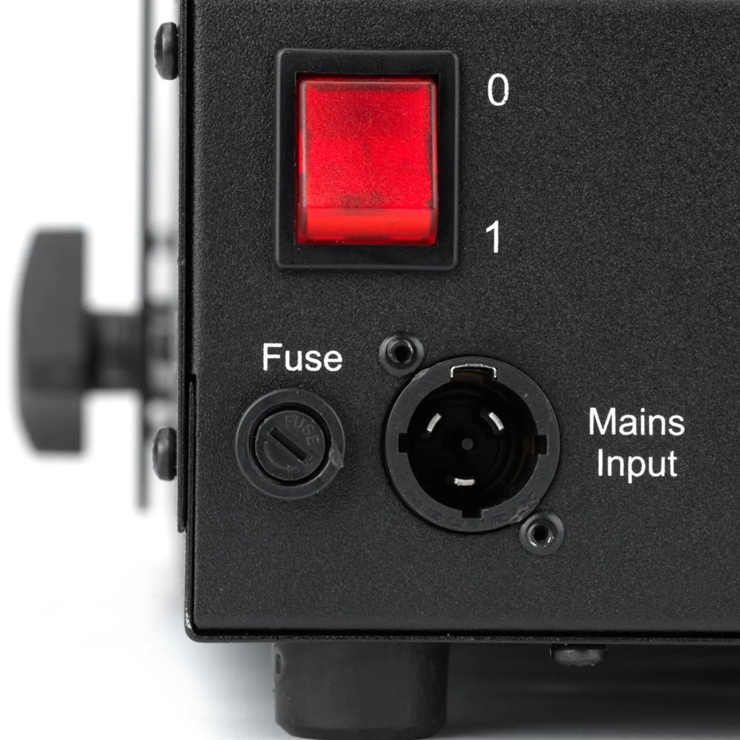 Close-up of a JEM Martin ZR35 230V/50-60Hz (Fog) machine panel with a red power switch (labeled 0/1), fuse holder, and round mains input socket labeled "Mains Input".
