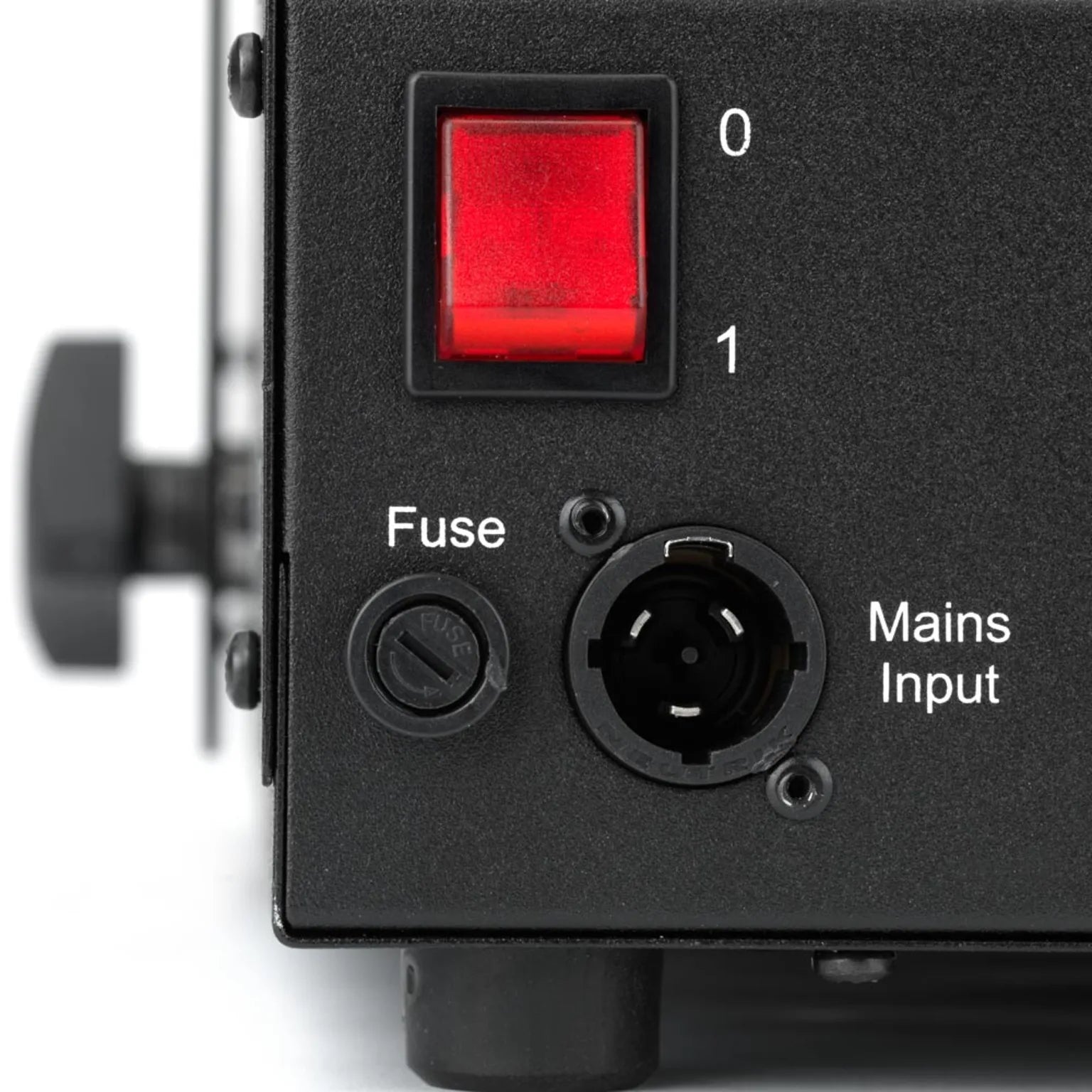 Close-up of a JEM Martin ZR35 230V/50-60Hz (Fog) machine panel with a red power switch (labeled 0/1), fuse holder, and round mains input socket labeled "Mains Input".